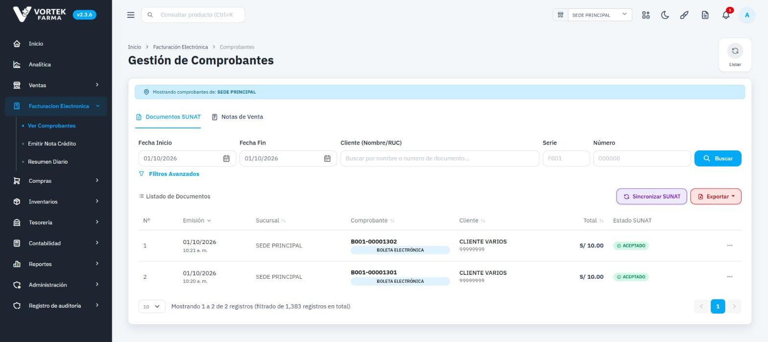 Gestión de comprobantes electrónicos en Vortek Farma